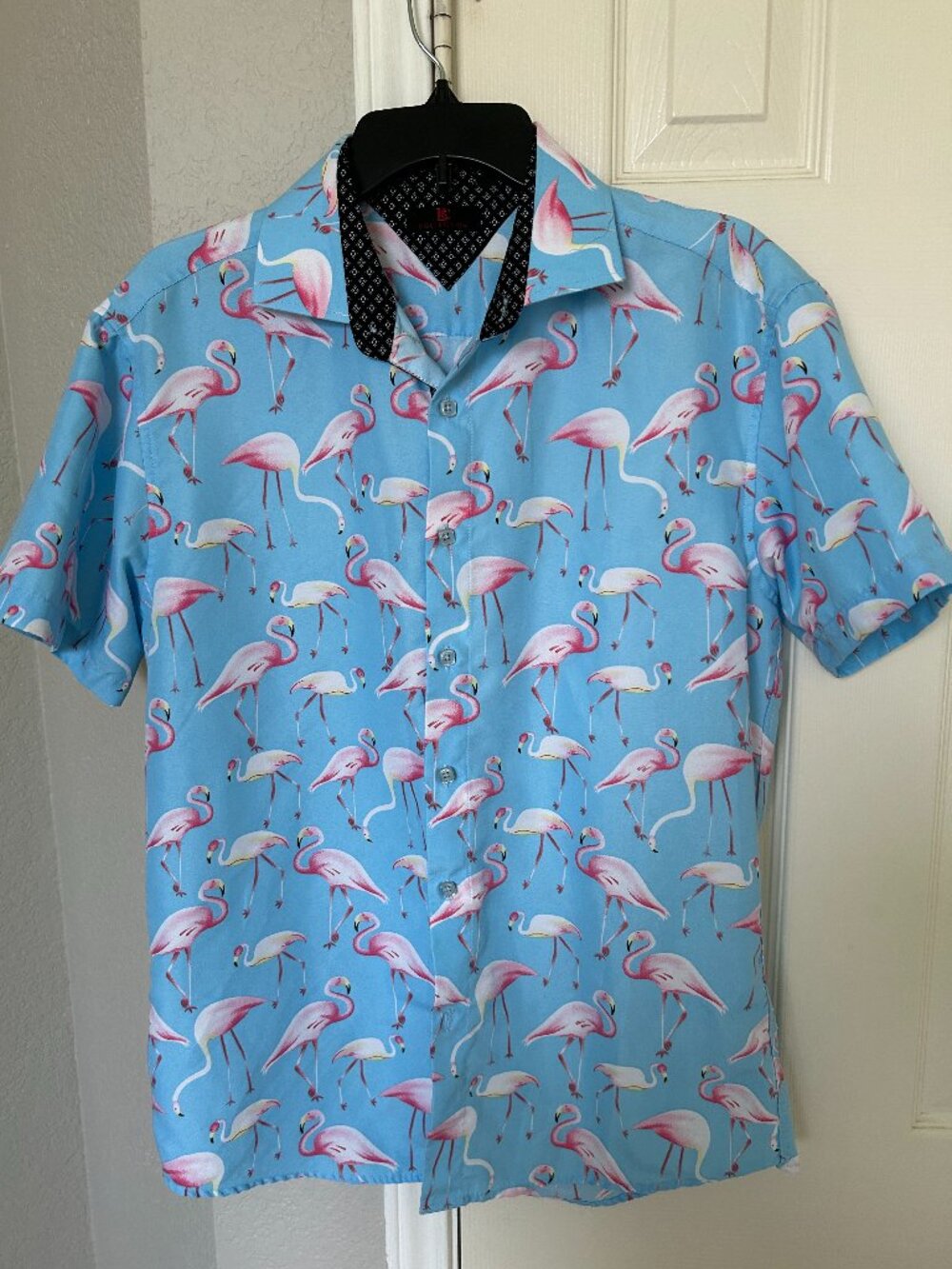 BC Collection Men's Lt Blue Short Sleeve Button Up Shirt-Flamingo Print-Medium